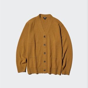 Unisex Uniqlo Lambs Wool Brown Yellow Cardigan Button Sweater V Neck US M Medium